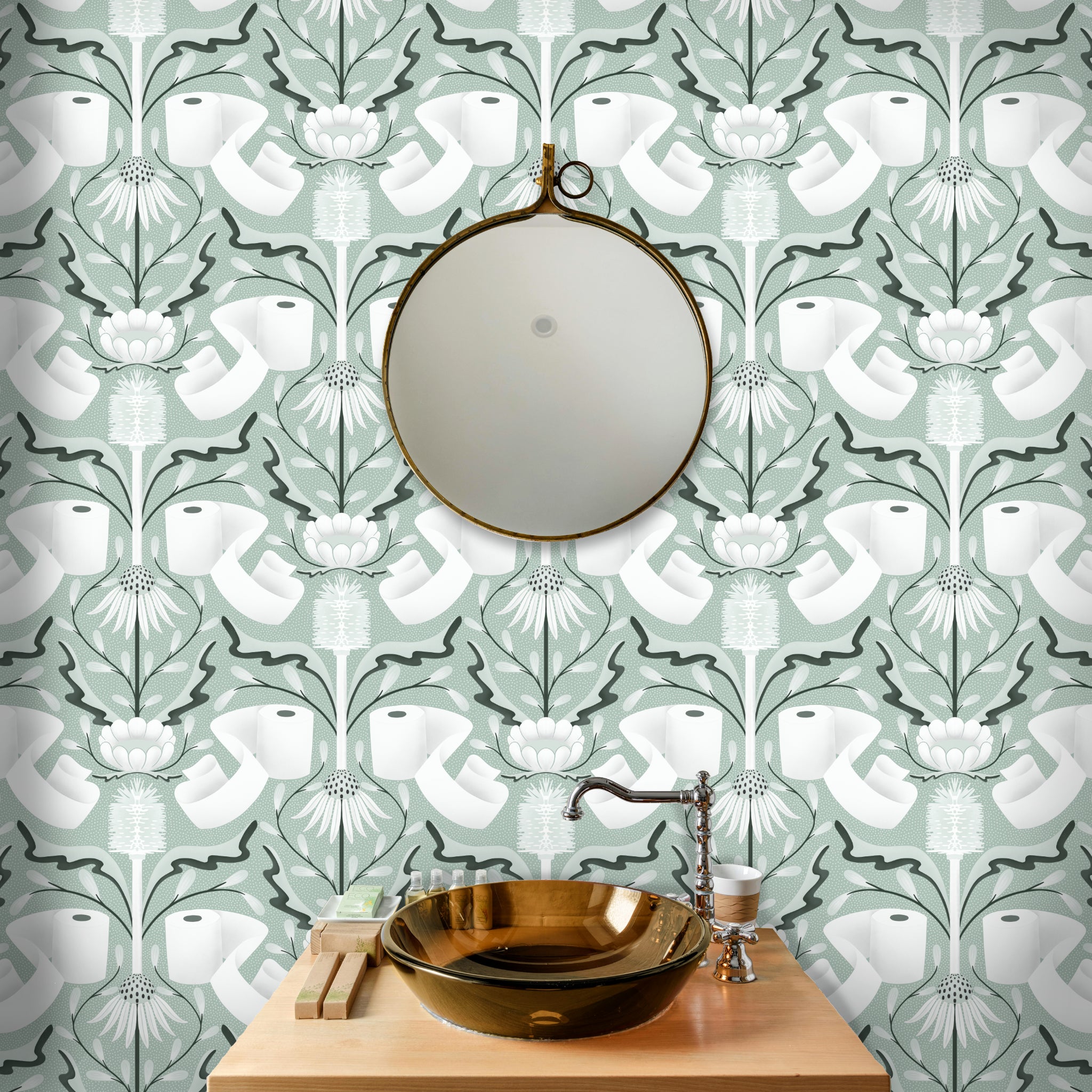 Decorative bathroom with toilet paper floral-patterned wallpaper, round mirror, and gold sink.